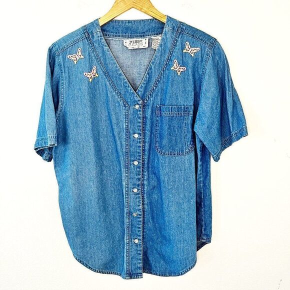 Vintage Y2K Embroidered Butterfly Denim Shirt Size Medium - Picture 2 of 12